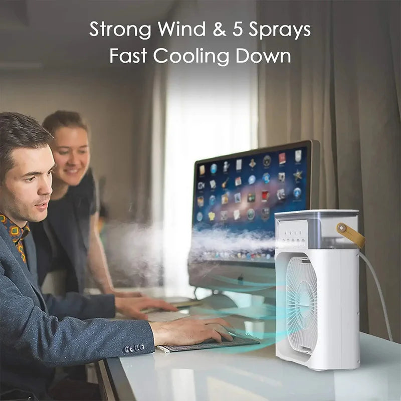 3 in 1 Mini Portable Cooling Fan with USB Charging -  Water Mist Air Conditioner LED Night Light Humidifier